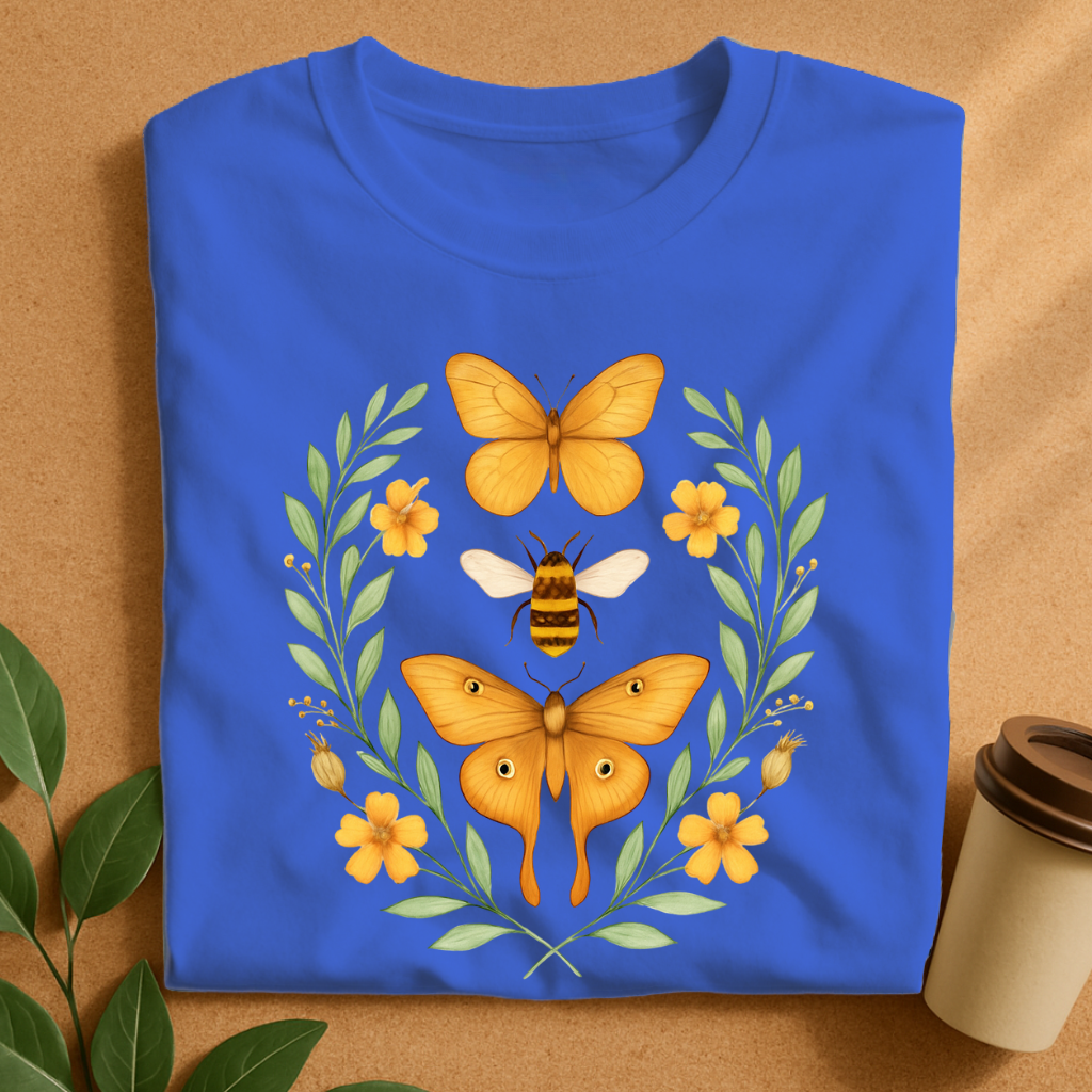 Golden Butterfly & Bee Floral Harmony T-Shirt