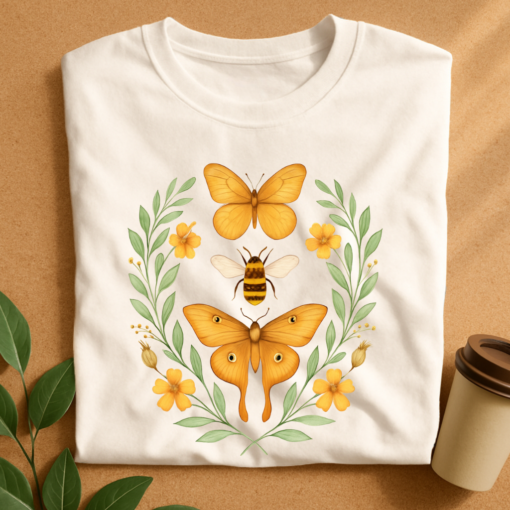Golden Butterfly & Bee Floral Harmony T-Shirt