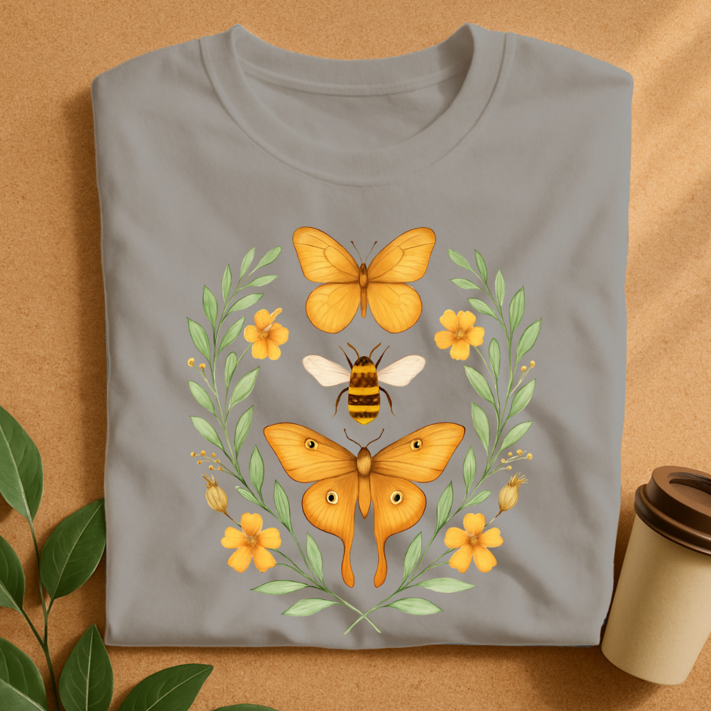 Golden Butterfly & Bee Floral Harmony T-Shirt