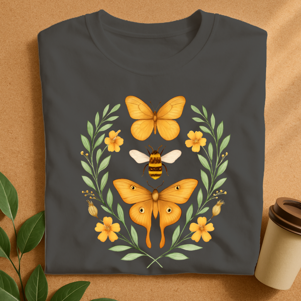 Golden Butterfly & Bee Floral Harmony T-Shirt