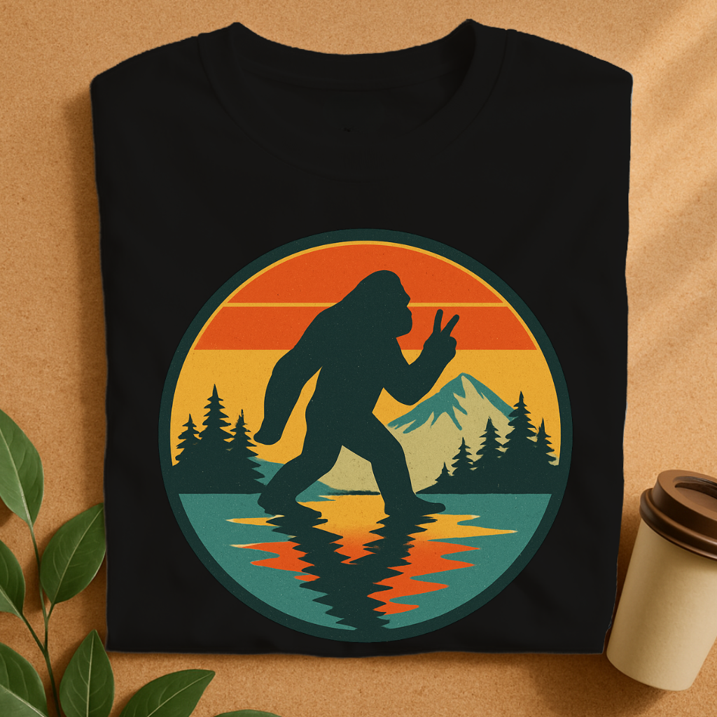 Vintage Bigfoot Peace Sign at Sunset Lake T-Shirt