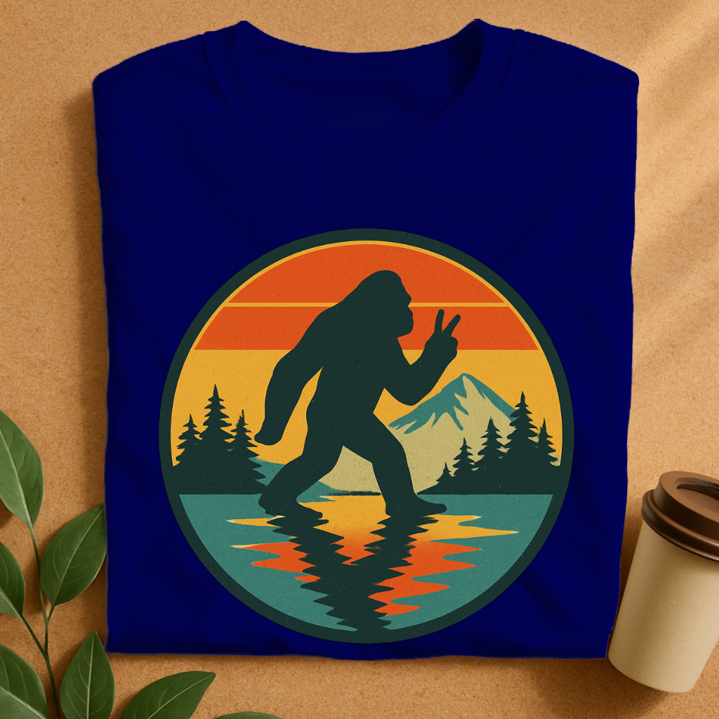 Vintage Bigfoot Peace Sign at Sunset Lake T-Shirt