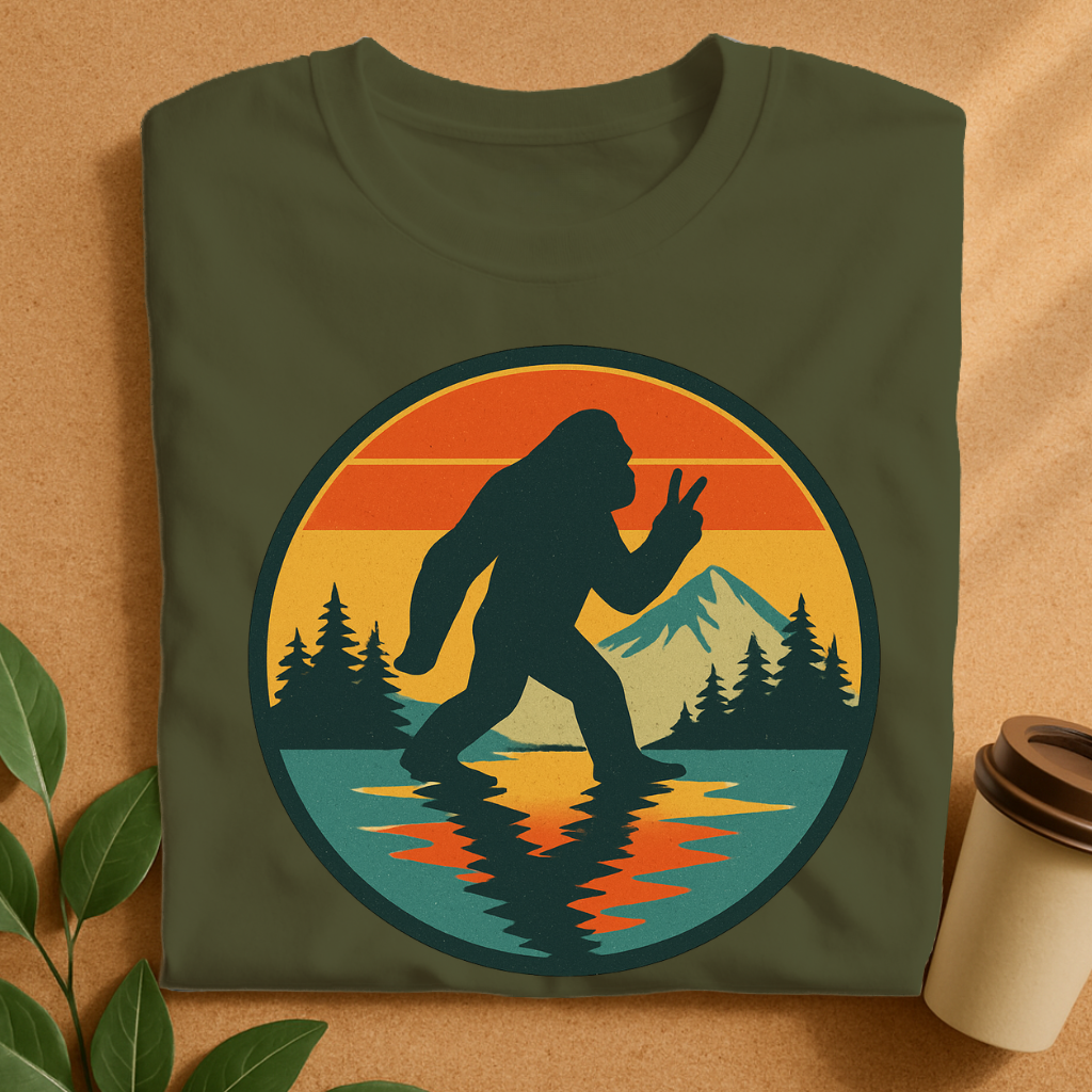 Vintage Bigfoot Peace Sign at Sunset Lake T-Shirt