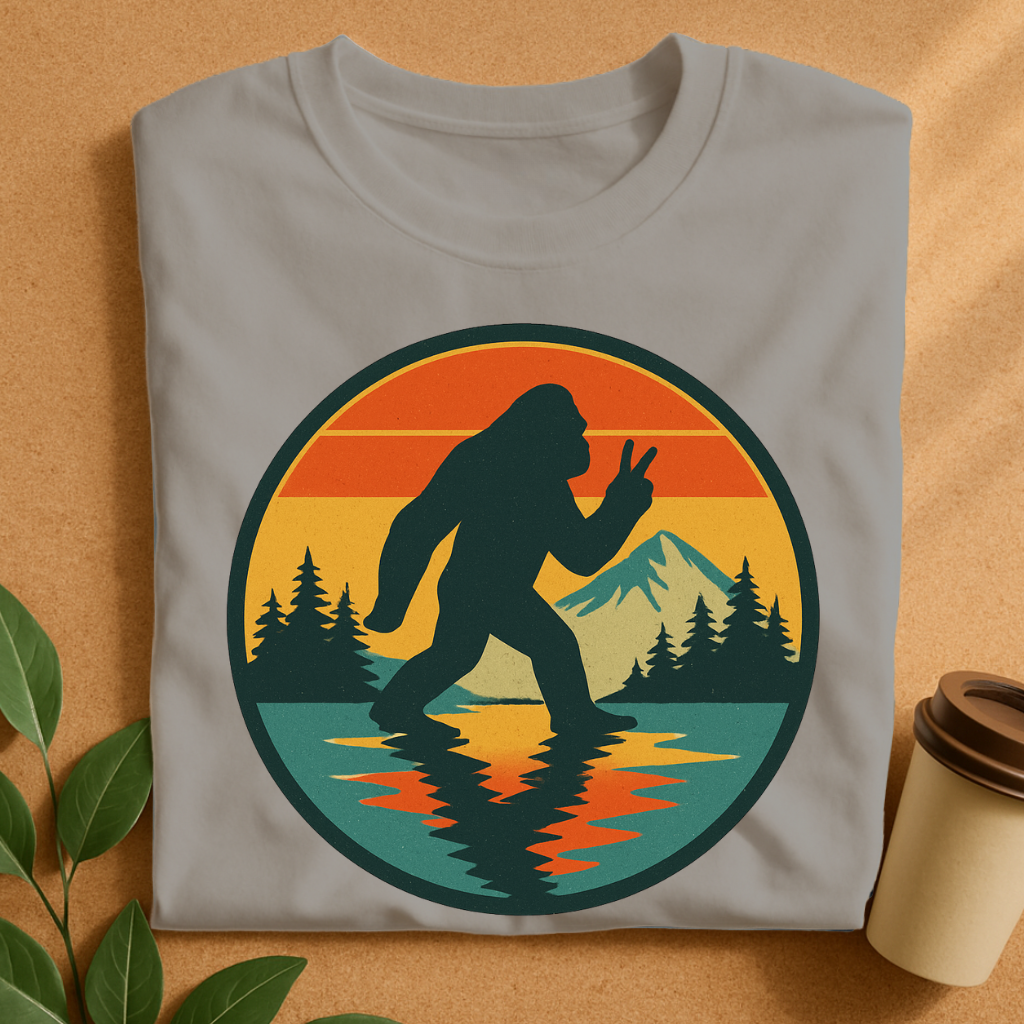 Vintage Bigfoot Peace Sign at Sunset Lake T-Shirt