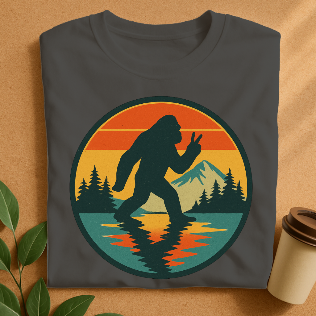 Vintage Bigfoot Peace Sign at Sunset Lake T-Shirt