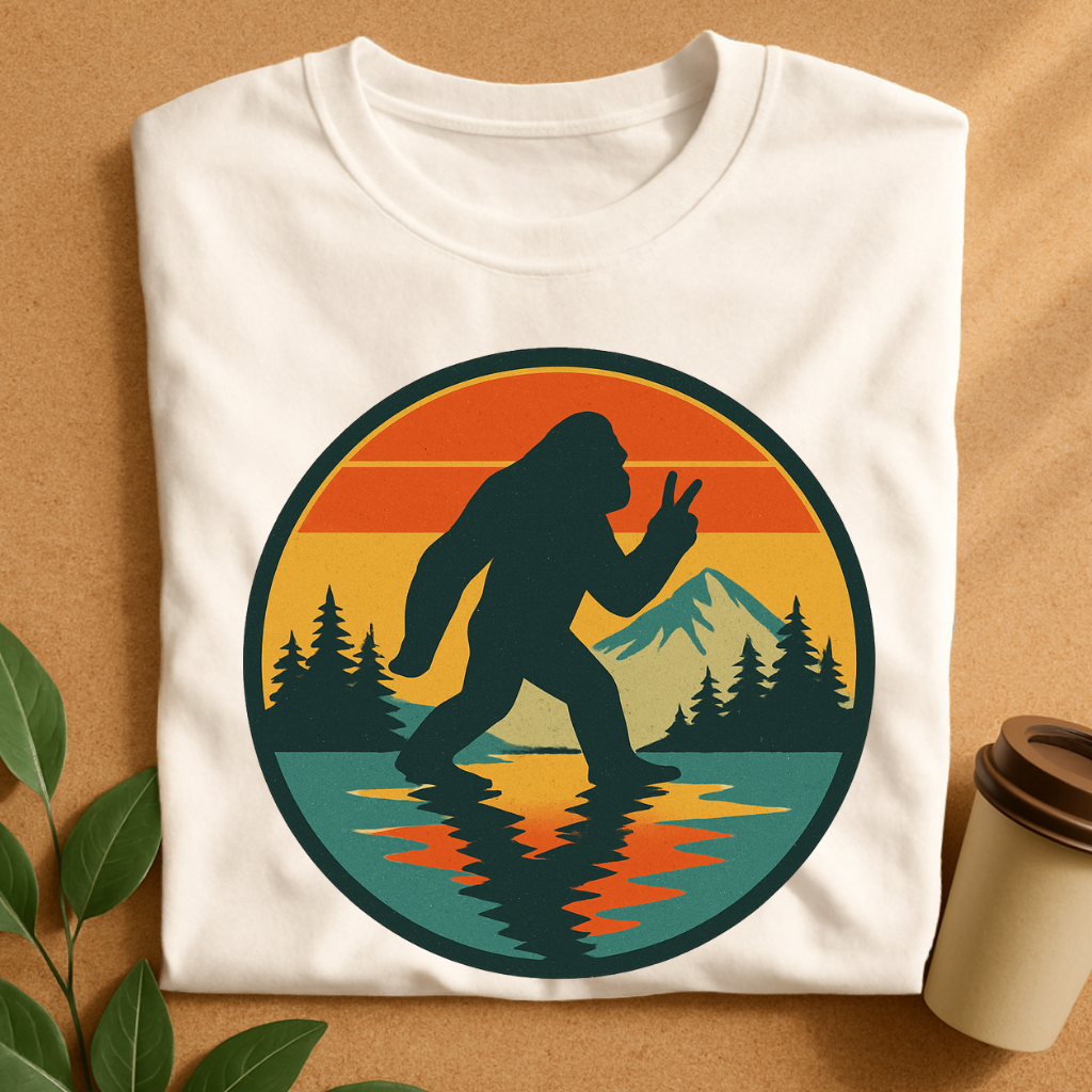 Vintage Bigfoot Peace Sign at Sunset Lake T-Shirt