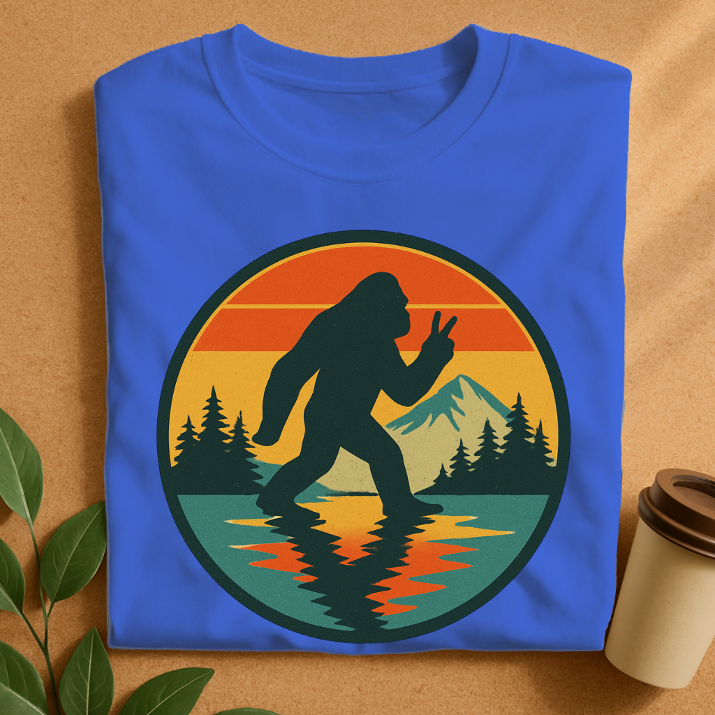 Vintage Bigfoot Peace Sign at Sunset Lake T-Shirt