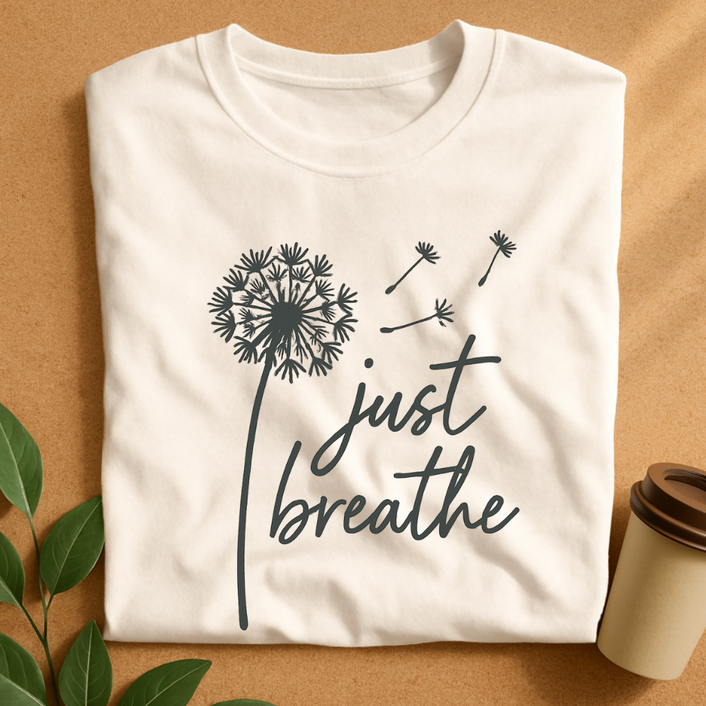 Dandelion Breeze with “Just Breathe” Quote T-Shirt