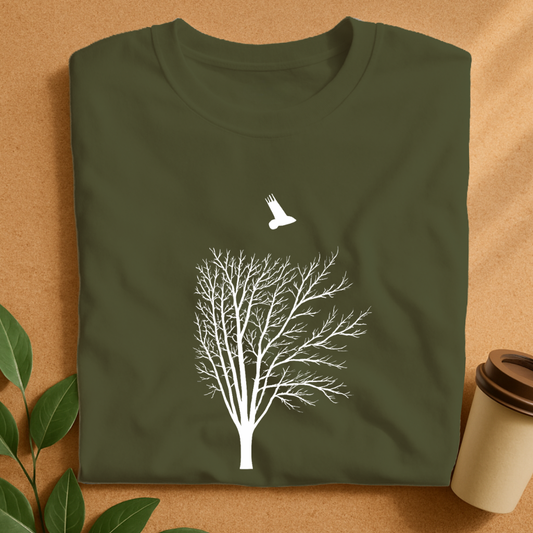 Minimalist Black Tree with Flying Bird Silhouette T-Shirt