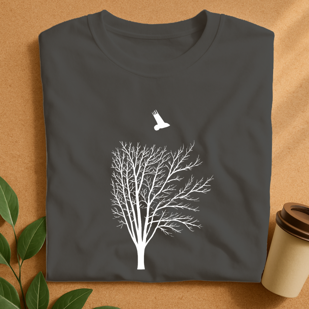 Minimalist Black Tree with Flying Bird Silhouette T-Shirt