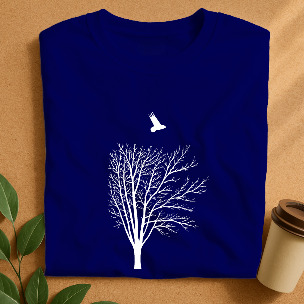 Minimalist Black Tree with Flying Bird Silhouette T-Shirt