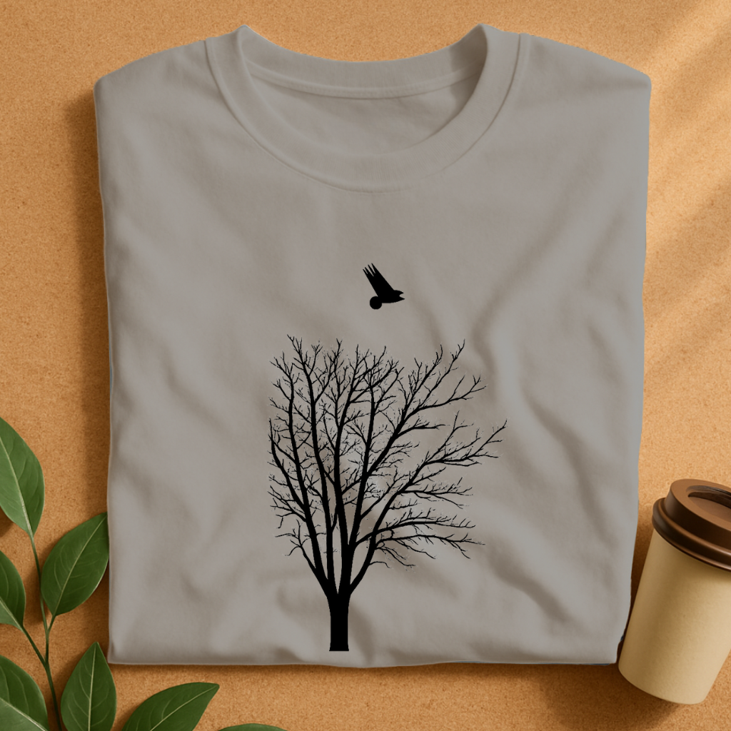 Minimalist Black Tree with Flying Bird Silhouette T-Shirt