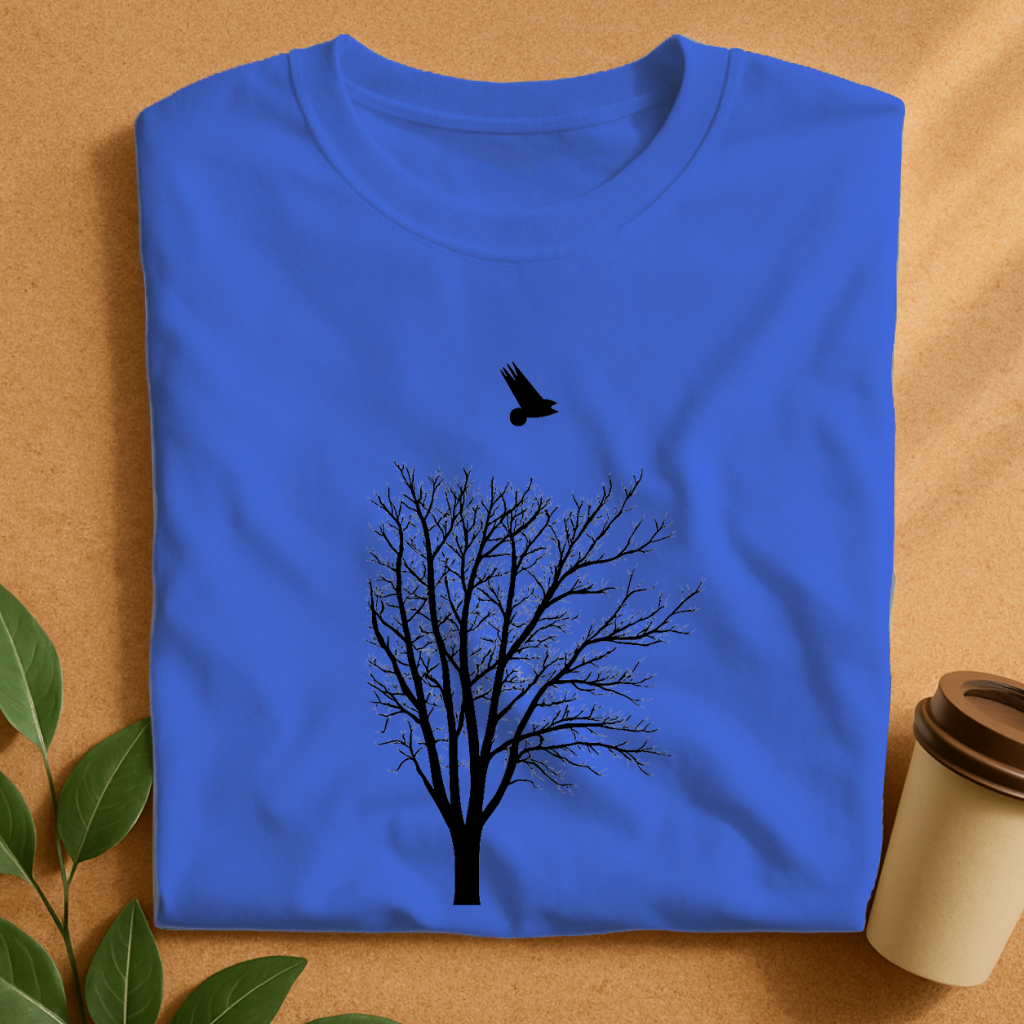 Minimalist Black Tree with Flying Bird Silhouette T-Shirt