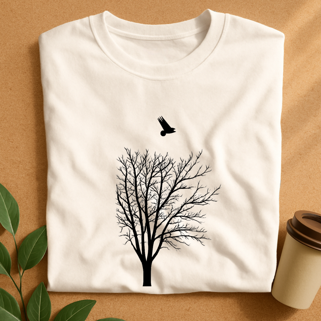 Minimalist Black Tree with Flying Bird Silhouette T-Shirt
