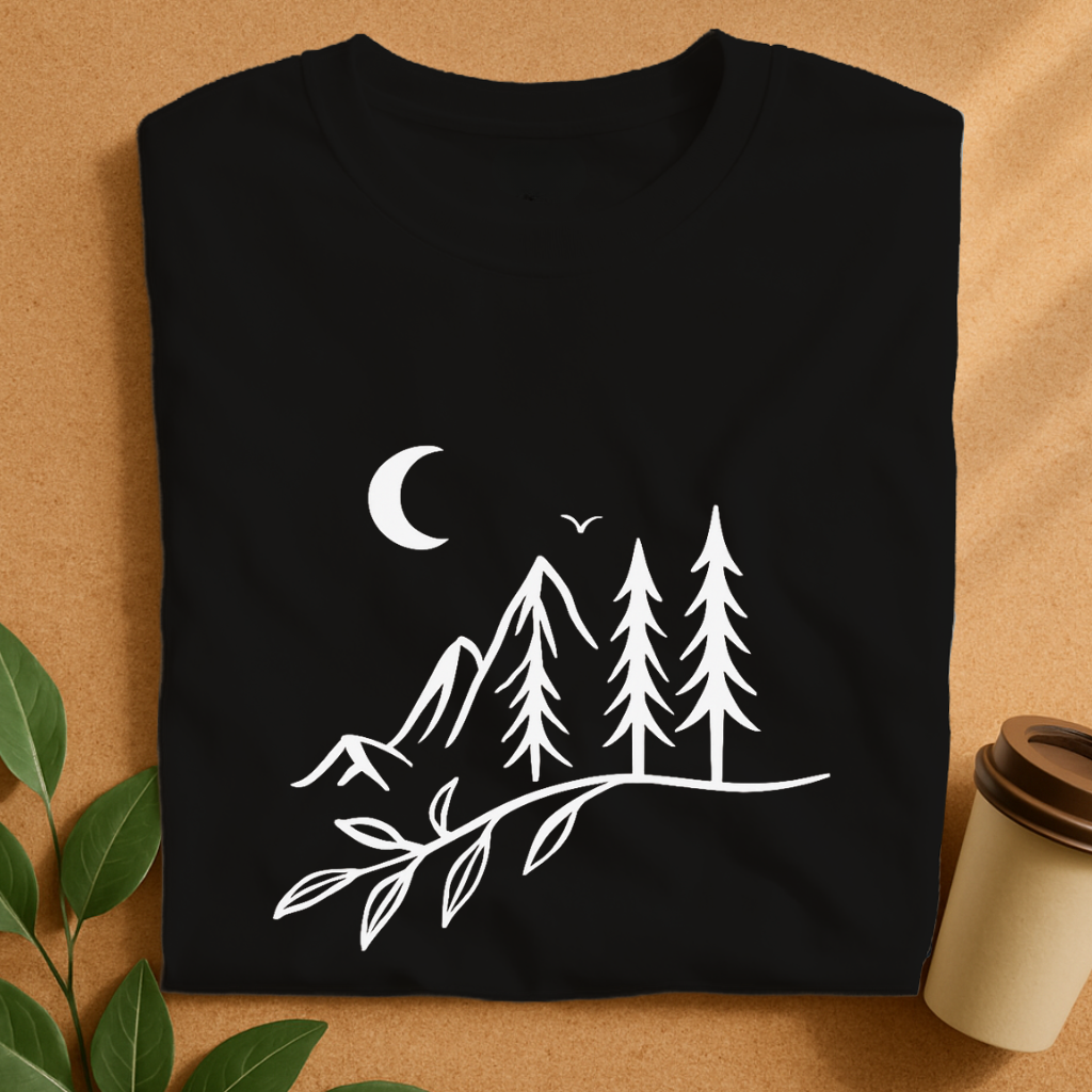 Minimalist Mountain Moon and Pine Trees T-Shirt