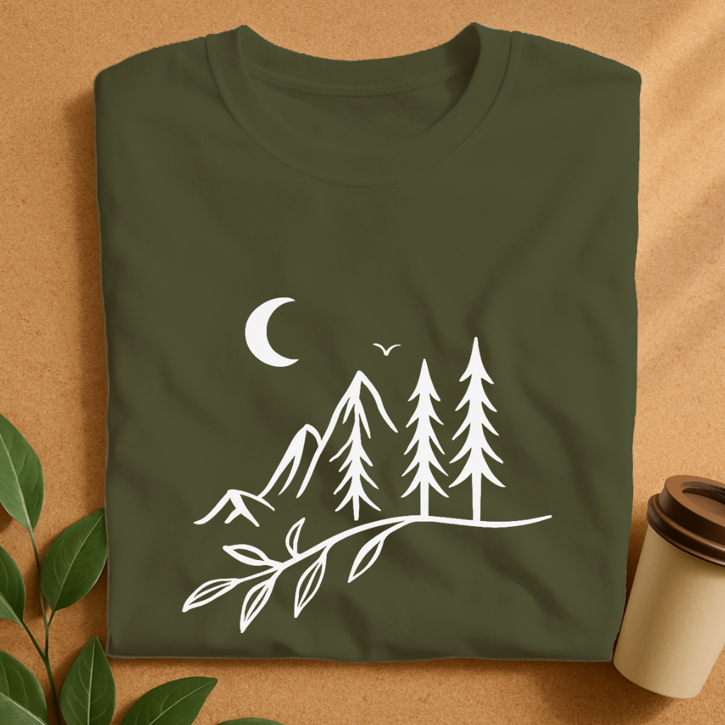 Minimalist Mountain Moon and Pine Trees T-Shirt