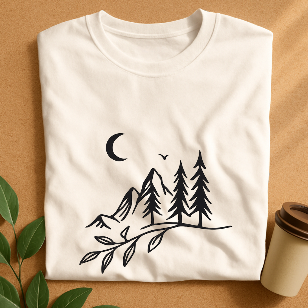 Minimalist Mountain Moon and Pine Trees T-Shirt