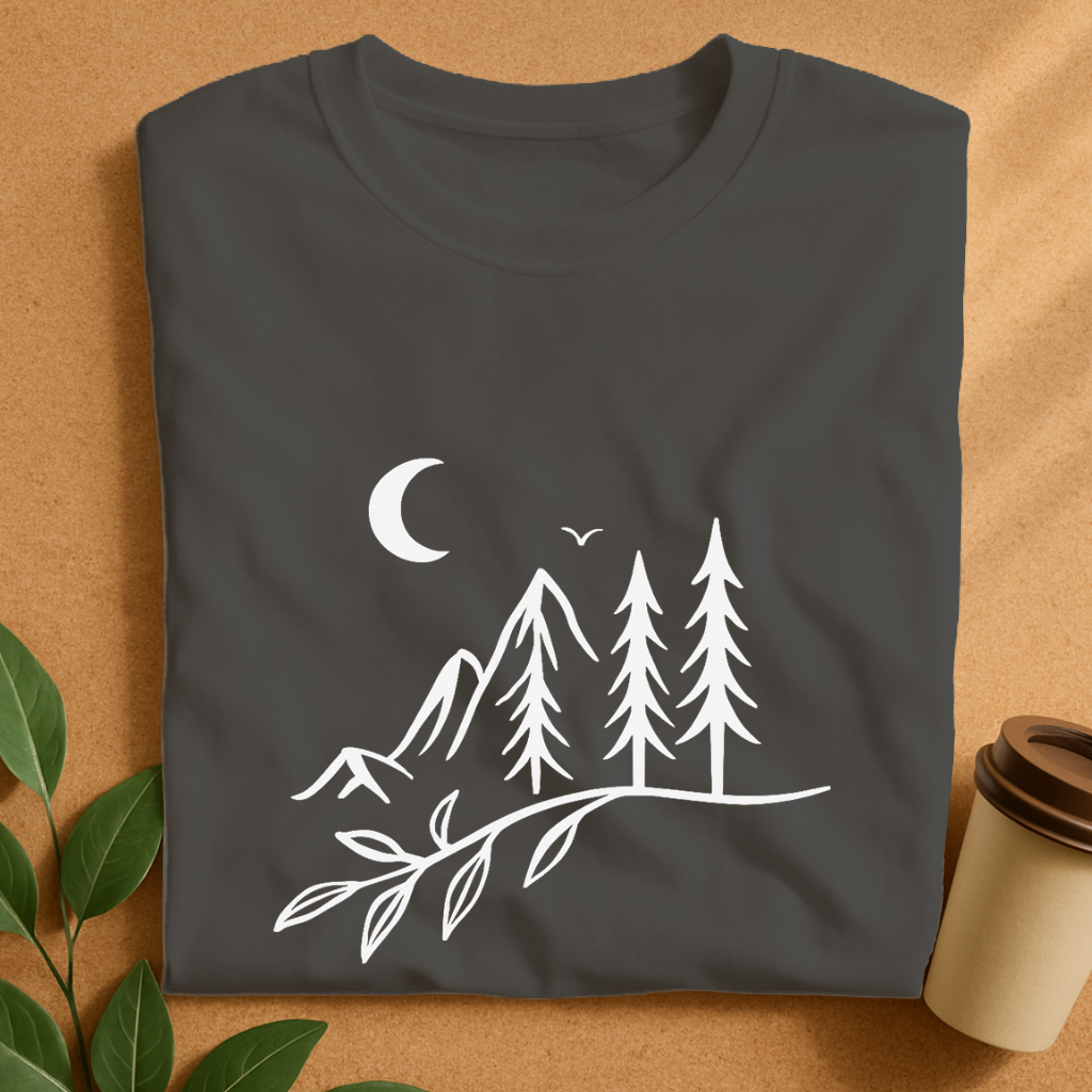 Minimalist Mountain Moon and Pine Trees T-Shirt