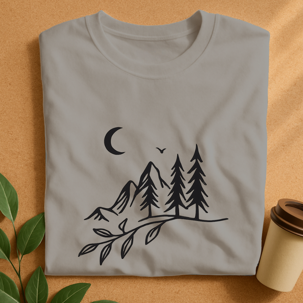 Minimalist Mountain Moon and Pine Trees T-Shirt