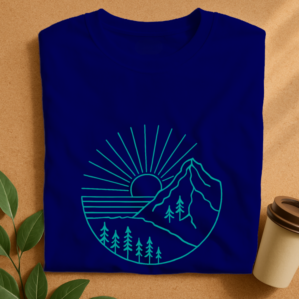 Minimalist Mountain Sunset Line Art T-Shirt