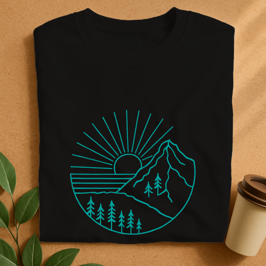 Minimalist Mountain Sunset Line Art T-Shirt