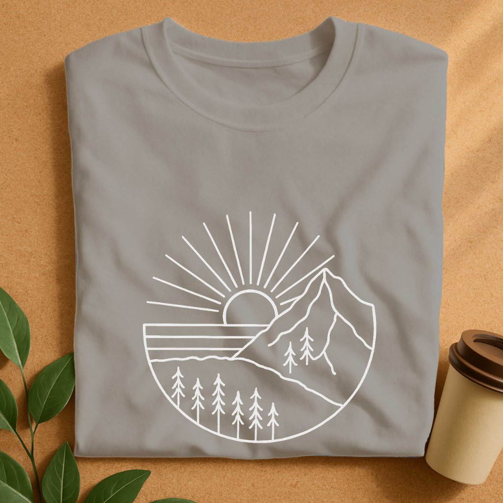 Minimalist Mountain Sunset Line Art T-Shirt
