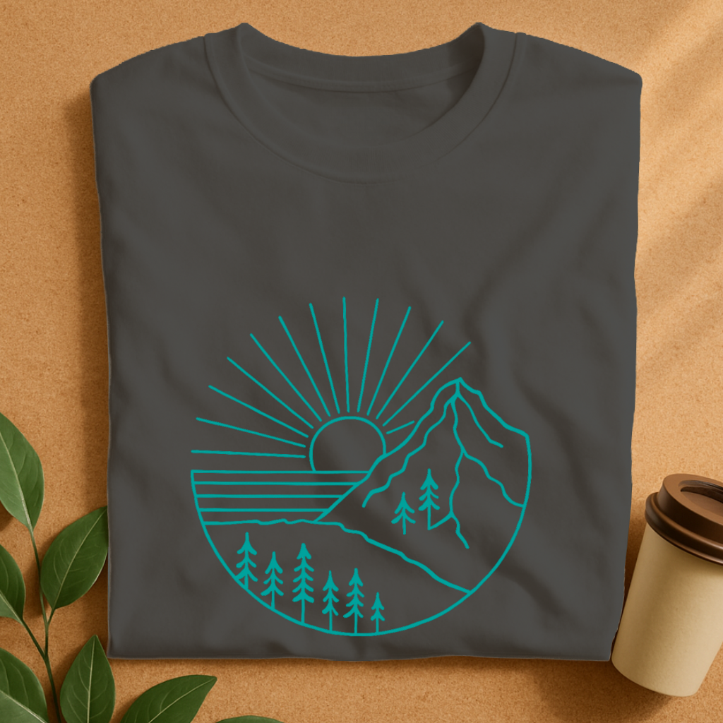 Minimalist Mountain Sunset Line Art T-Shirt