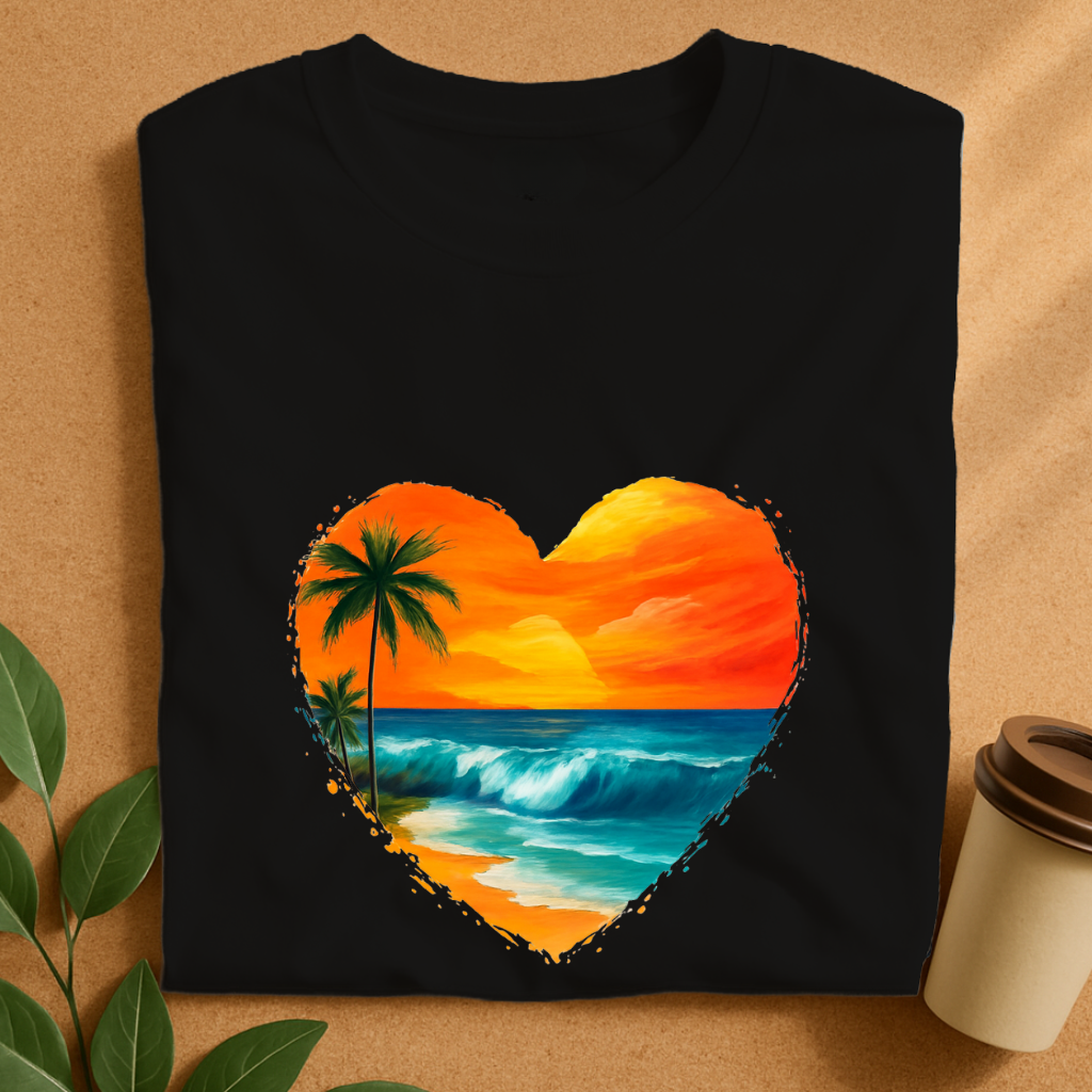 Heart-Shaped Tropical Sunset Beach Scene T-Shirt
