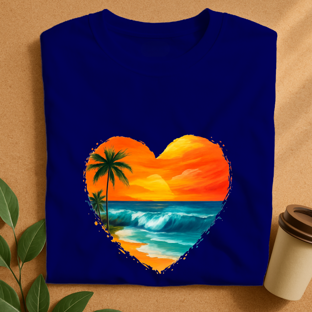 Heart-Shaped Tropical Sunset Beach Scene T-Shirt