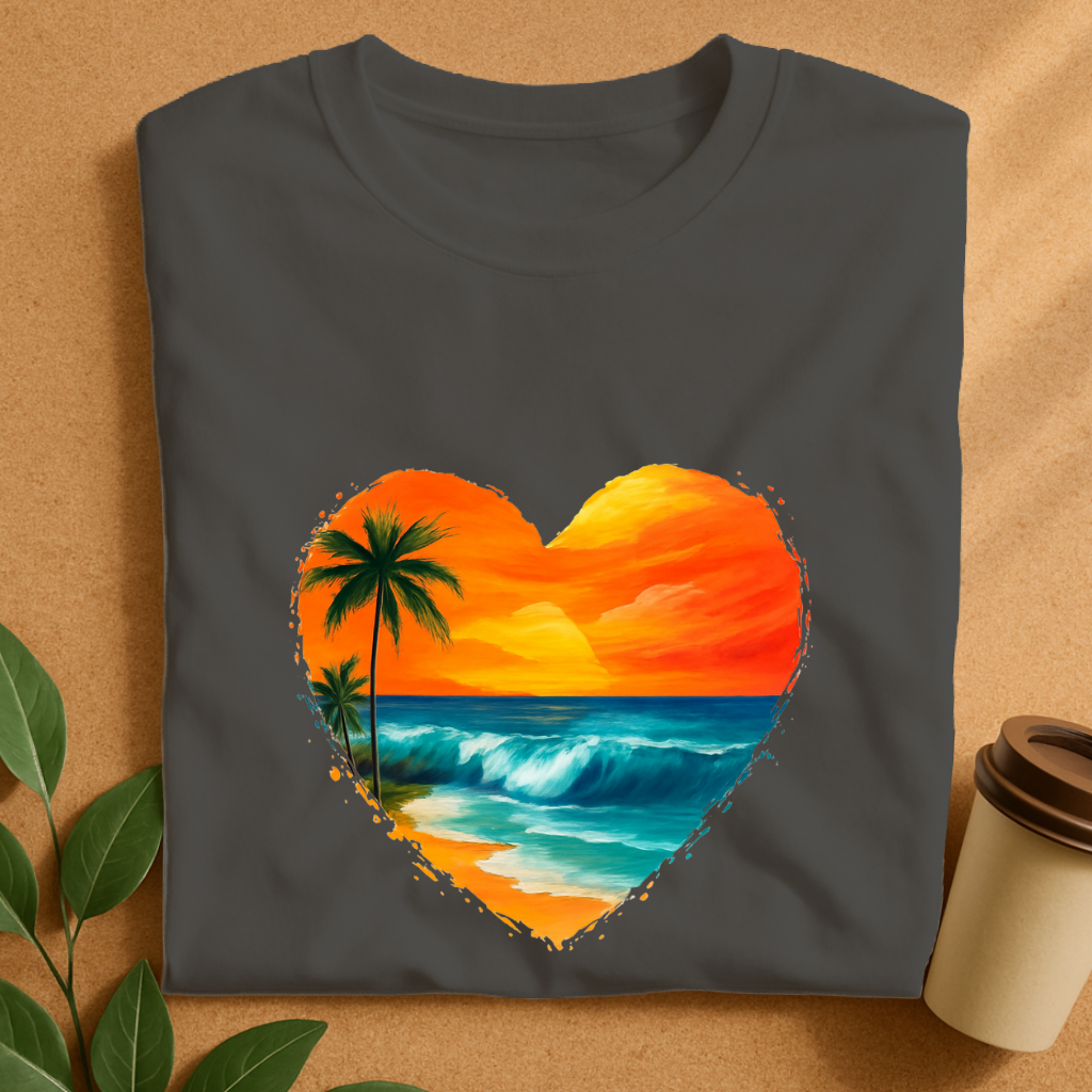 Heart-Shaped Tropical Sunset Beach Scene T-Shirt