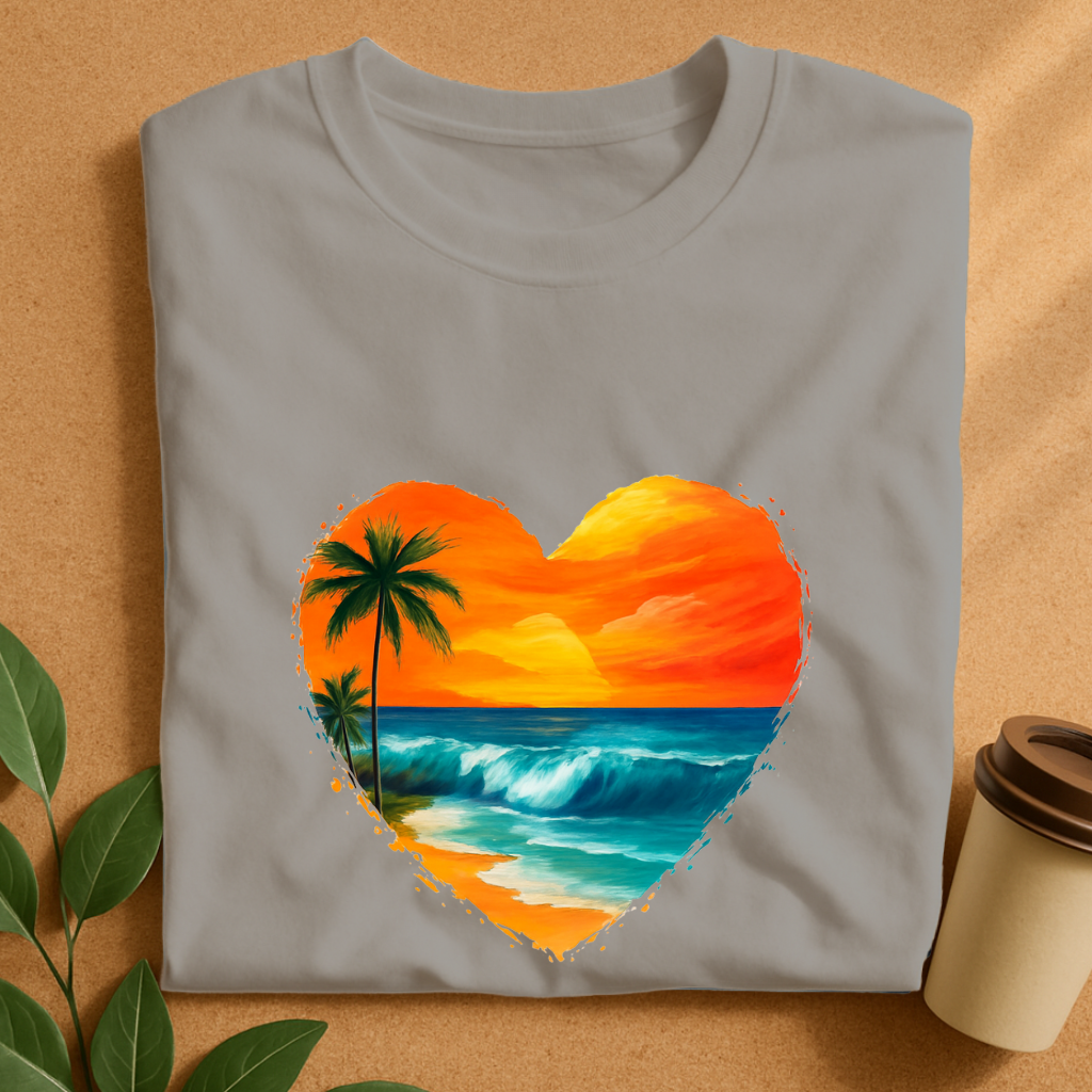Heart-Shaped Tropical Sunset Beach Scene T-Shirt