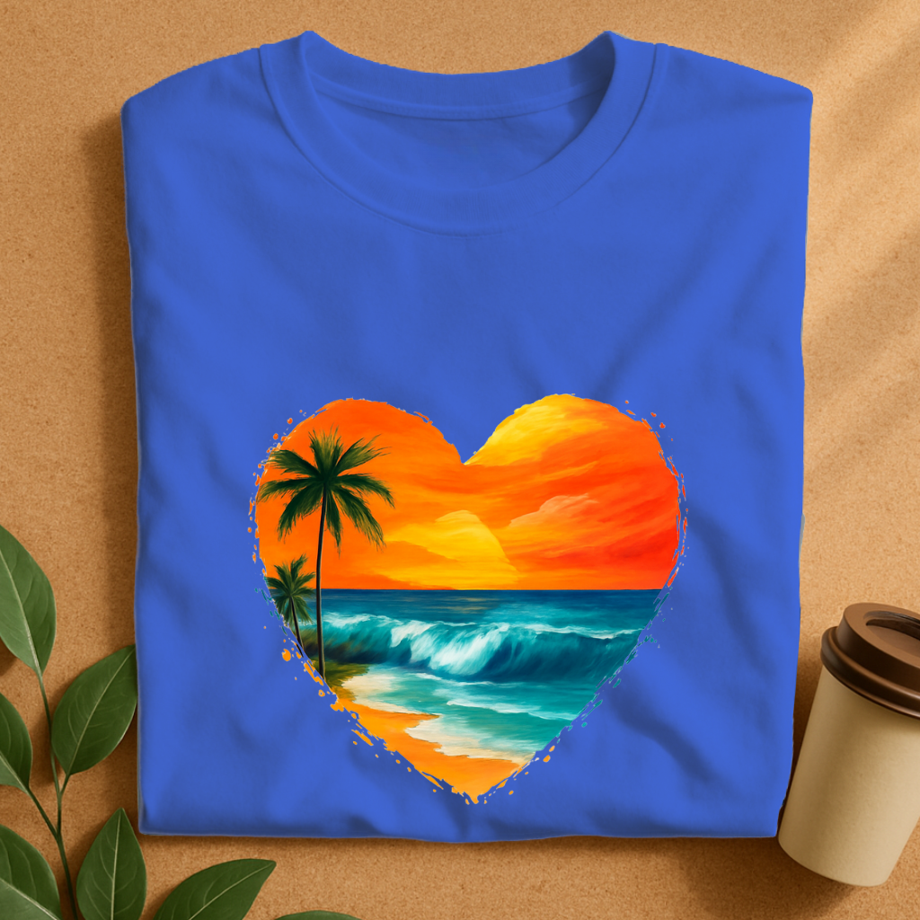 Heart-Shaped Tropical Sunset Beach Scene T-Shirt