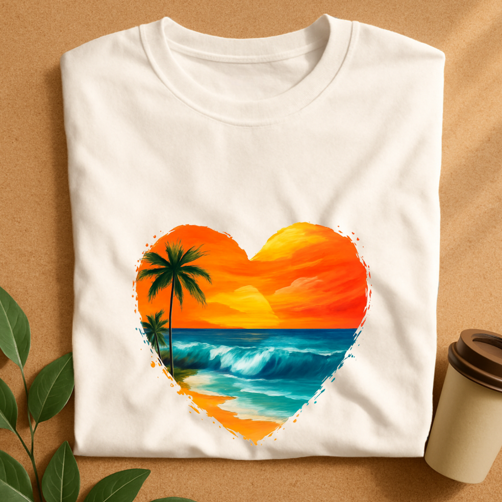 Heart-Shaped Tropical Sunset Beach Scene T-Shirt