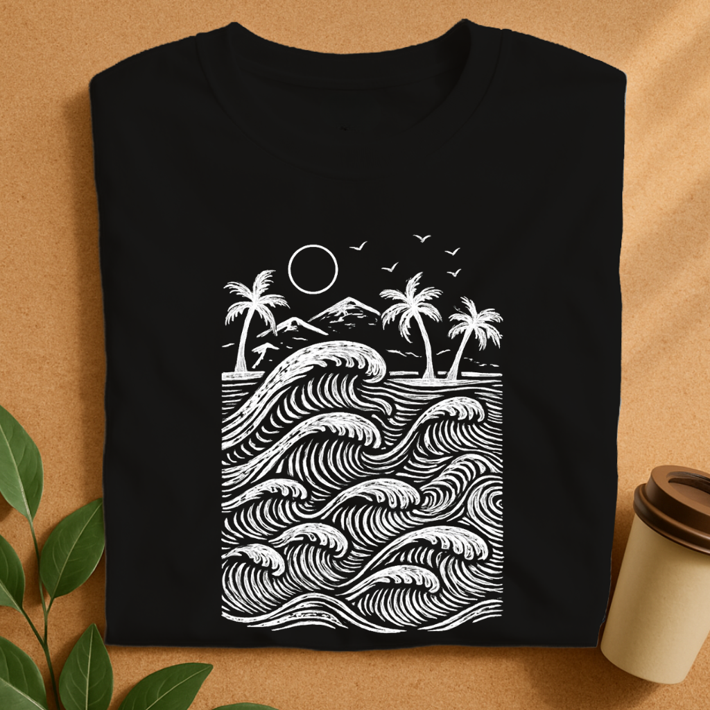 Tropical Waves and Palms Monochrome Design T-Shirt