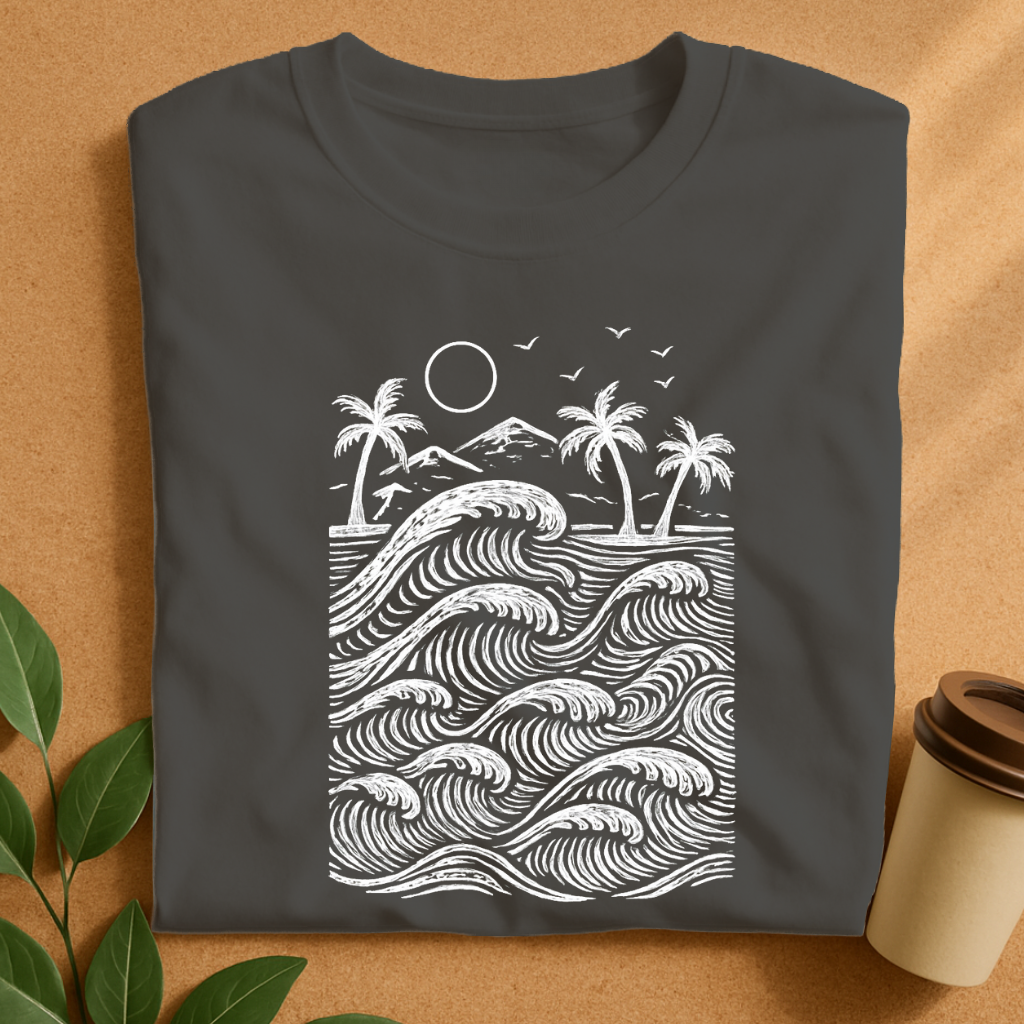 Tropical Waves and Palms Monochrome Design T-Shirt
