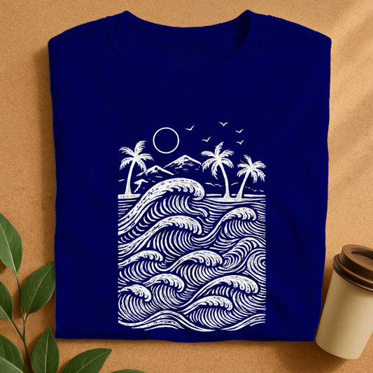 Tropical Waves and Palms Monochrome Design T-Shirt
