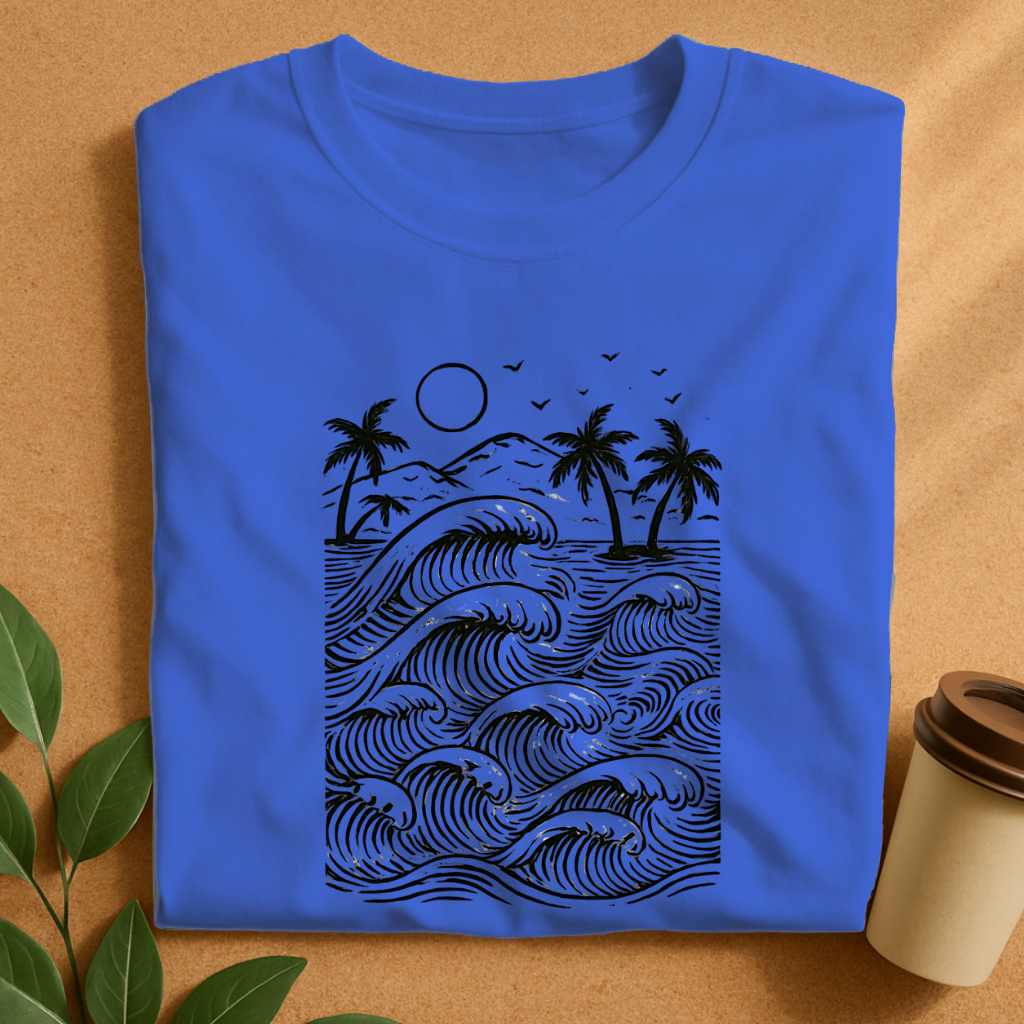 Tropical Waves and Palms Monochrome Design T-Shirt
