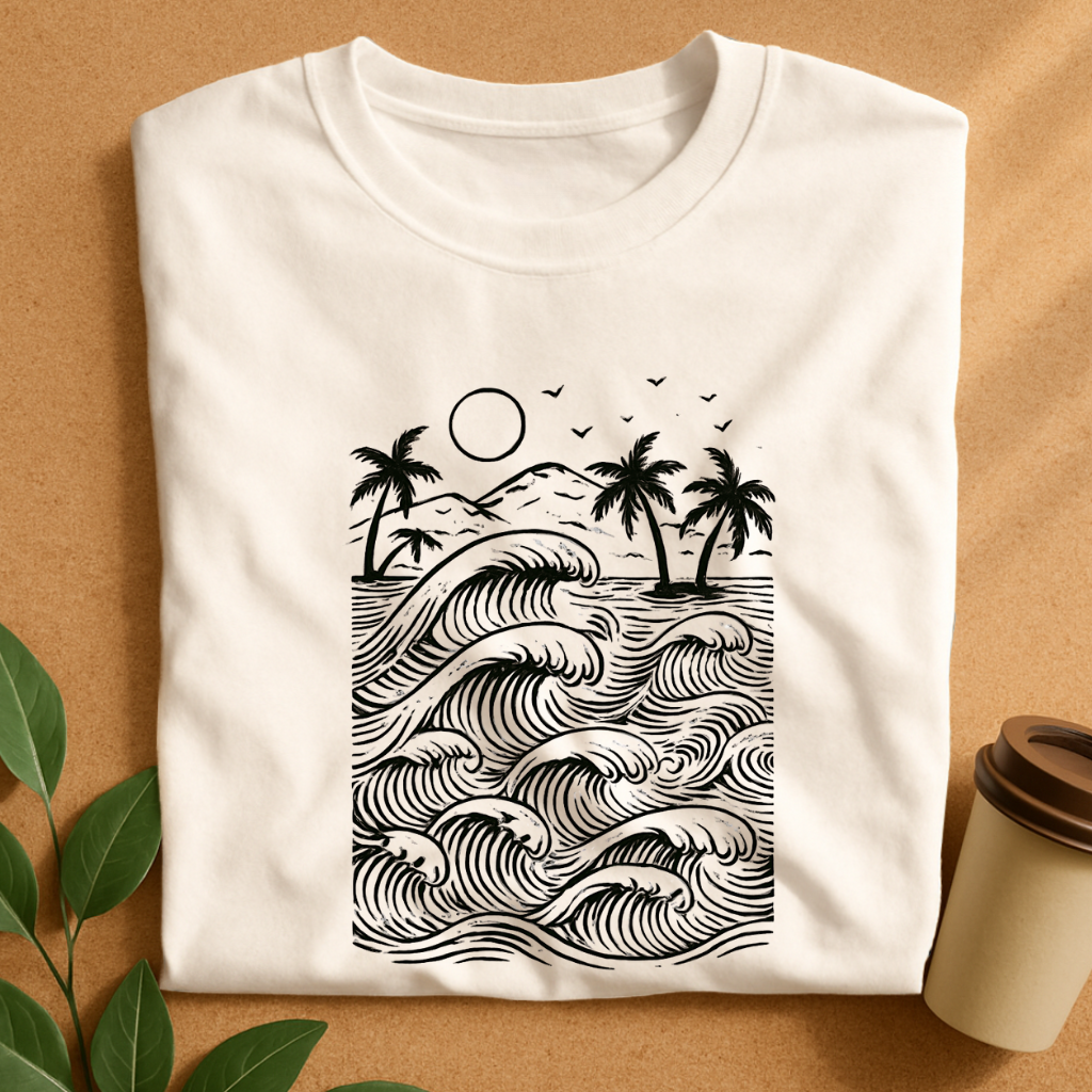 Tropical Waves and Palms Monochrome Design T-Shirt