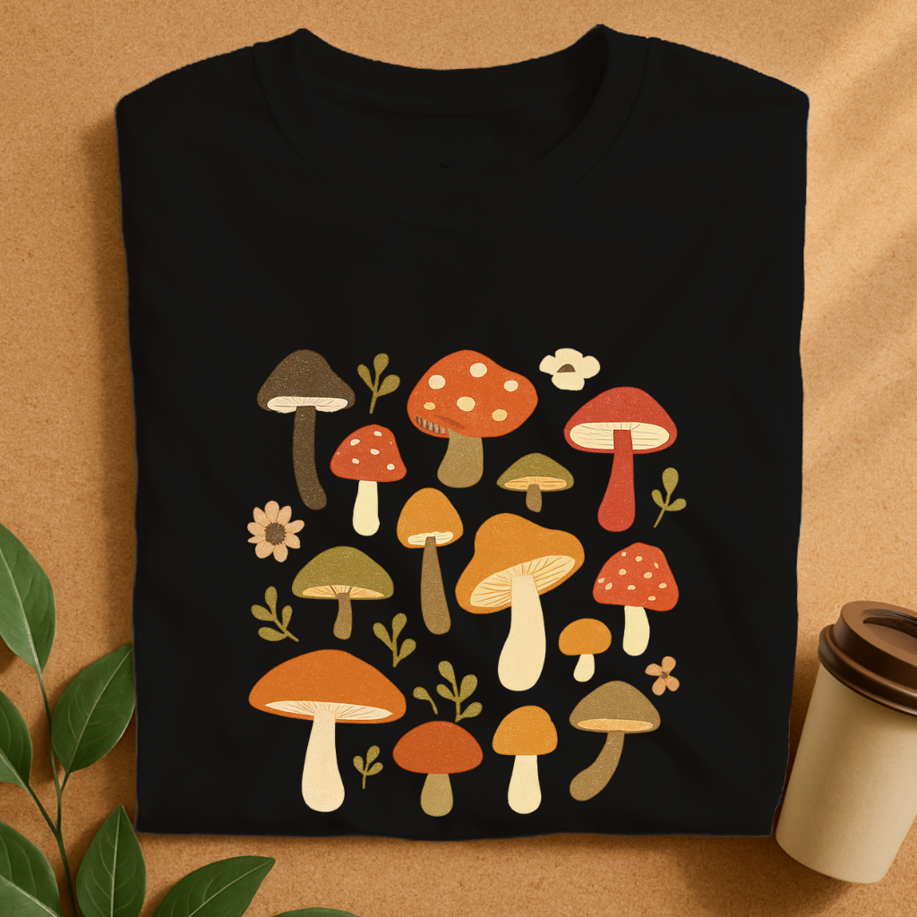 Whimsical Autumn Mushrooms and Greenery Patch T-Shirt