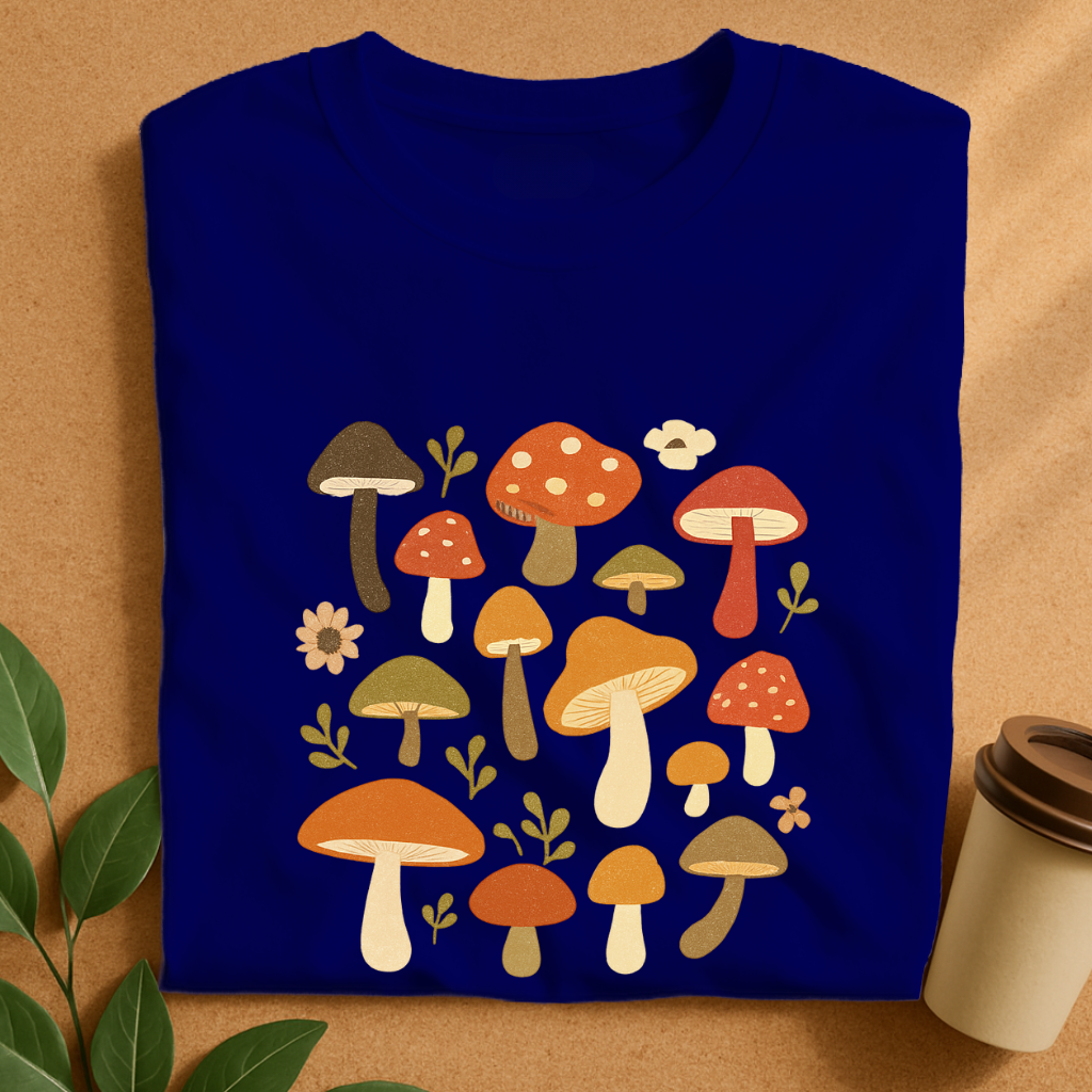 Whimsical Autumn Mushrooms and Greenery Patch T-Shirt