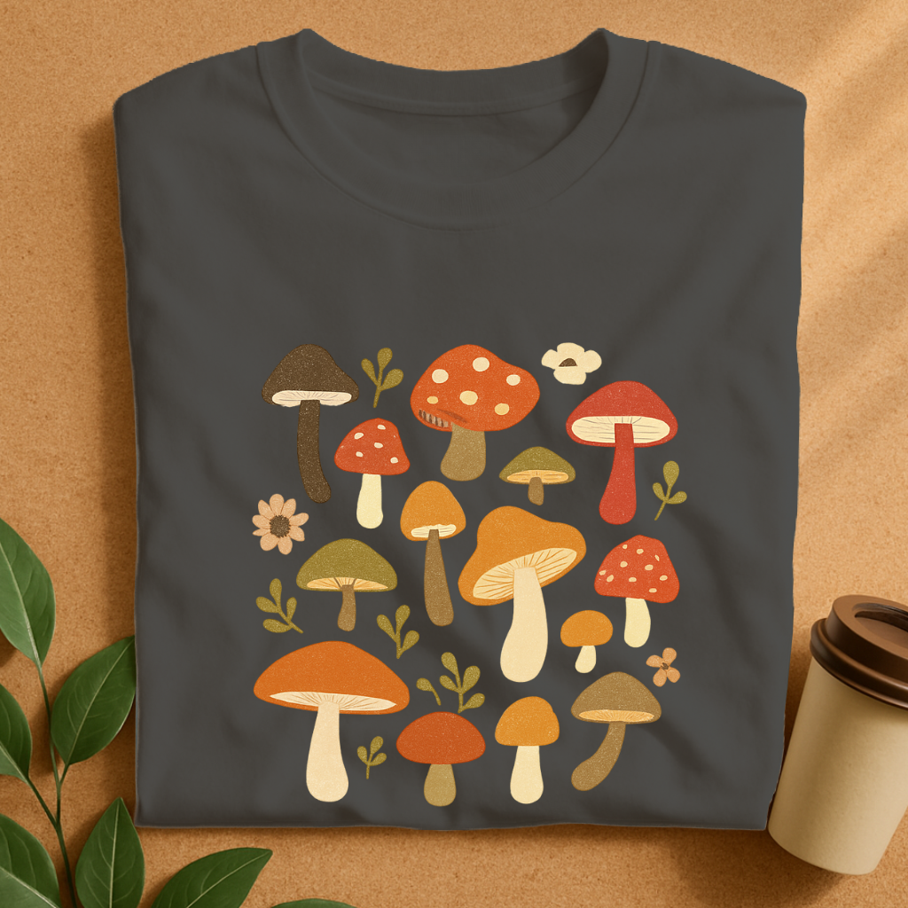 Whimsical Autumn Mushrooms and Greenery Patch T-Shirt