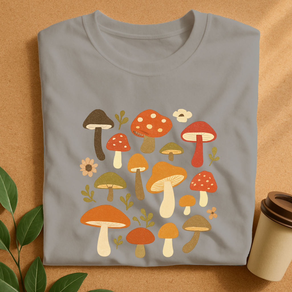 Whimsical Autumn Mushrooms and Greenery Patch T-Shirt