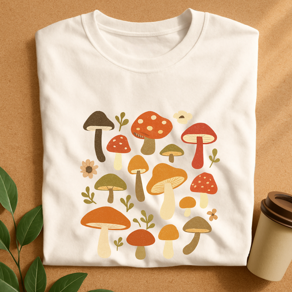 Whimsical Autumn Mushrooms and Greenery Patch T-Shirt