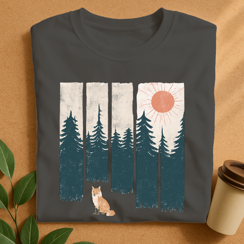 Rustic Fox and Forest Sunset Silhouette T-Shirt
