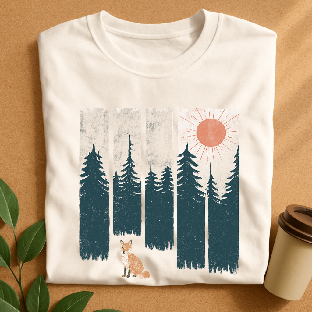 Rustic Fox and Forest Sunset Silhouette T-Shirt