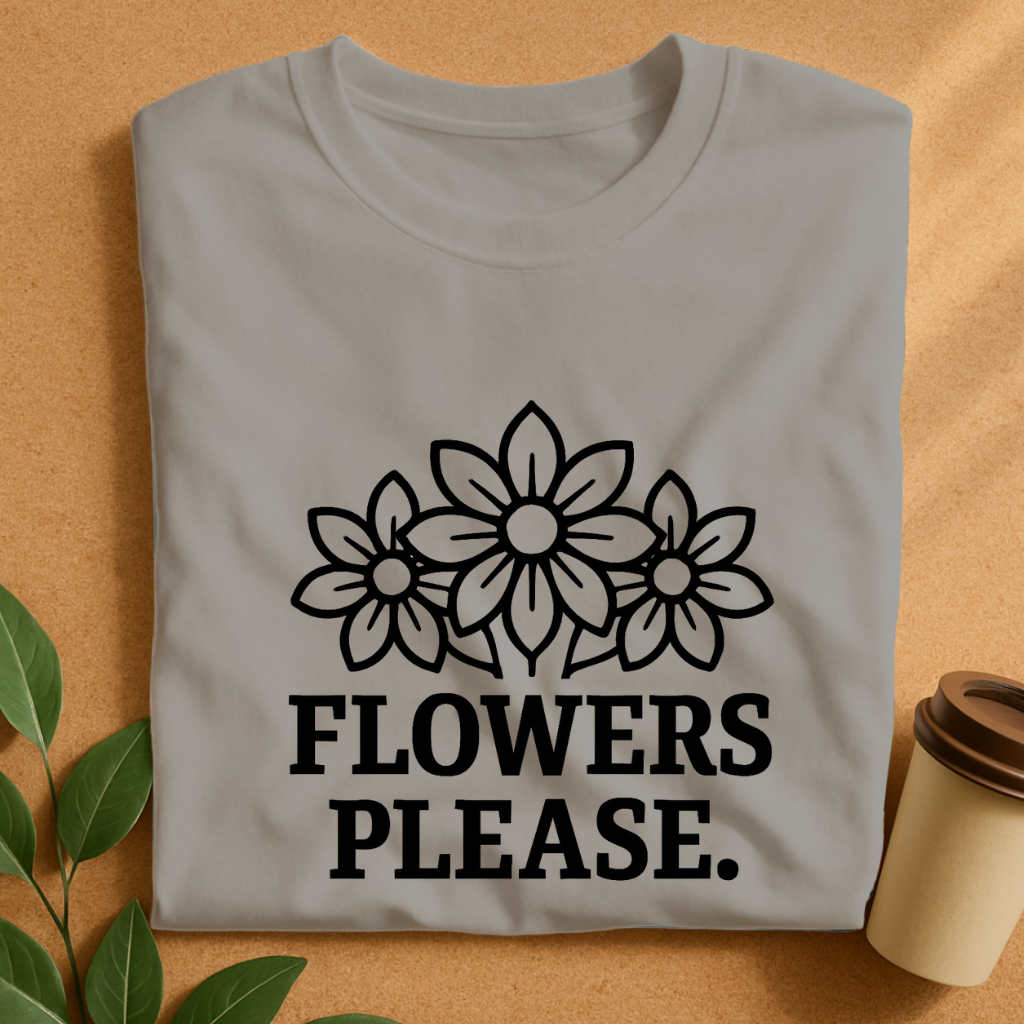 Bold Blossoms with “Flowers Please” Slogan T-Shirt – Original