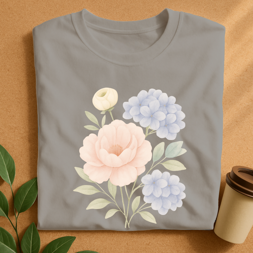 Soft Pastel Peony and Hydrangea Bouquet T-Shirt