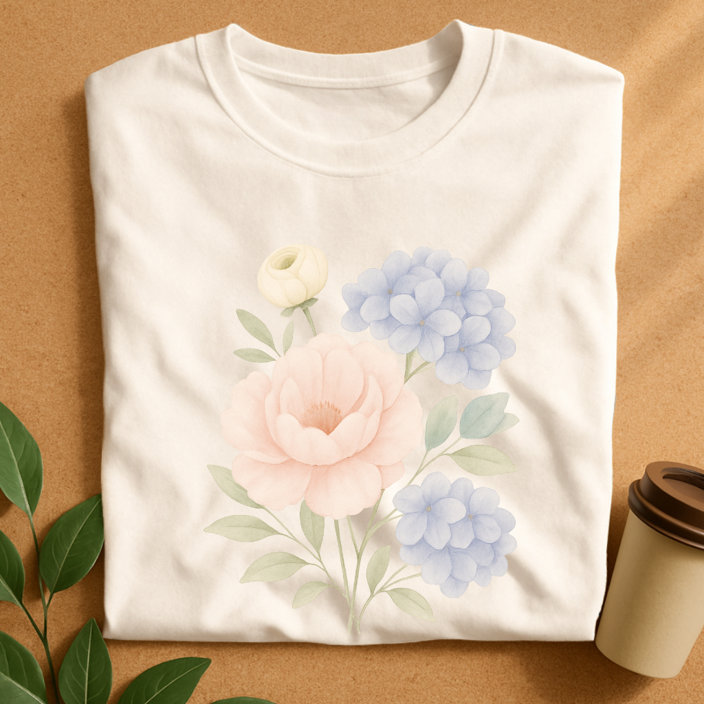 Soft Pastel Peony and Hydrangea Bouquet T-Shirt