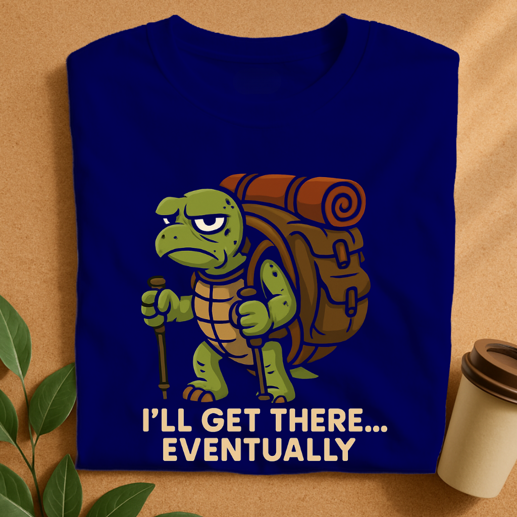 Grumpy Tortoise Trekker with Giant Backpack – Slow & Steady Adventure T-Shirt