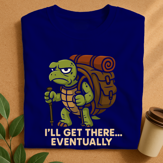 Grumpy Tortoise Trekker with Giant Backpack – Slow & Steady Adventure T-Shirt